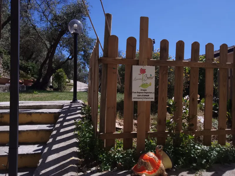 Il cancello di legno e i gradini che salgono al giardino